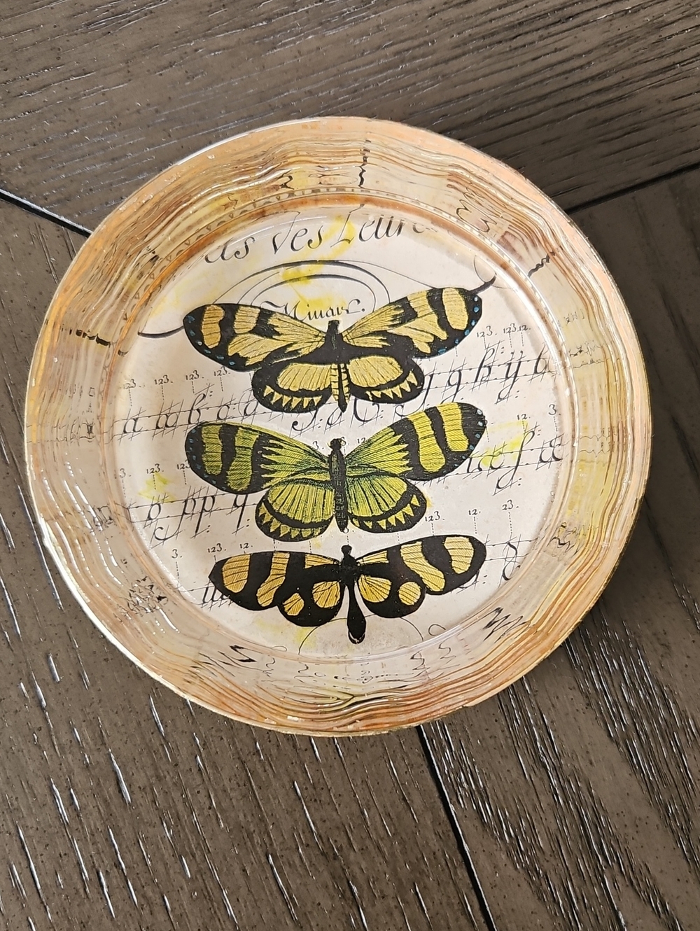 Artisan Signed Butterfly Decoupage Glass Trinket Dish - Vintage